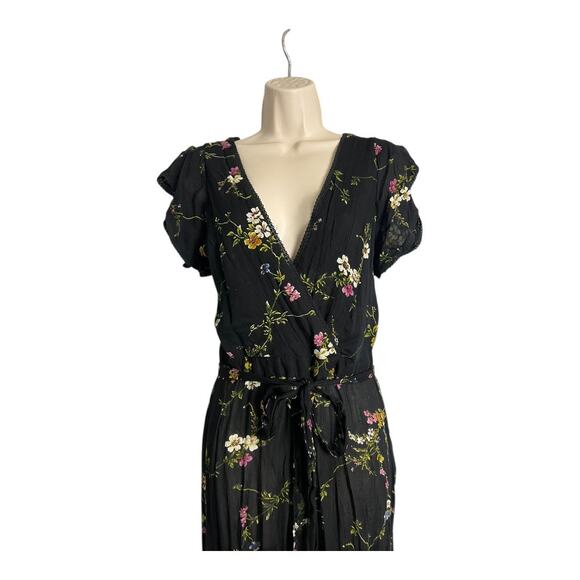 Urban Outfitters Marie Prairie Floral Wrap Jumpsuit Black 4 Boho wide leg Sheer - Picture 3 of 10